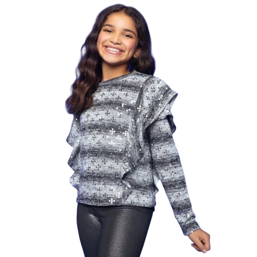 Mia New York Girls Ruffle Sequin Sweater Heather Gray Size L NEW